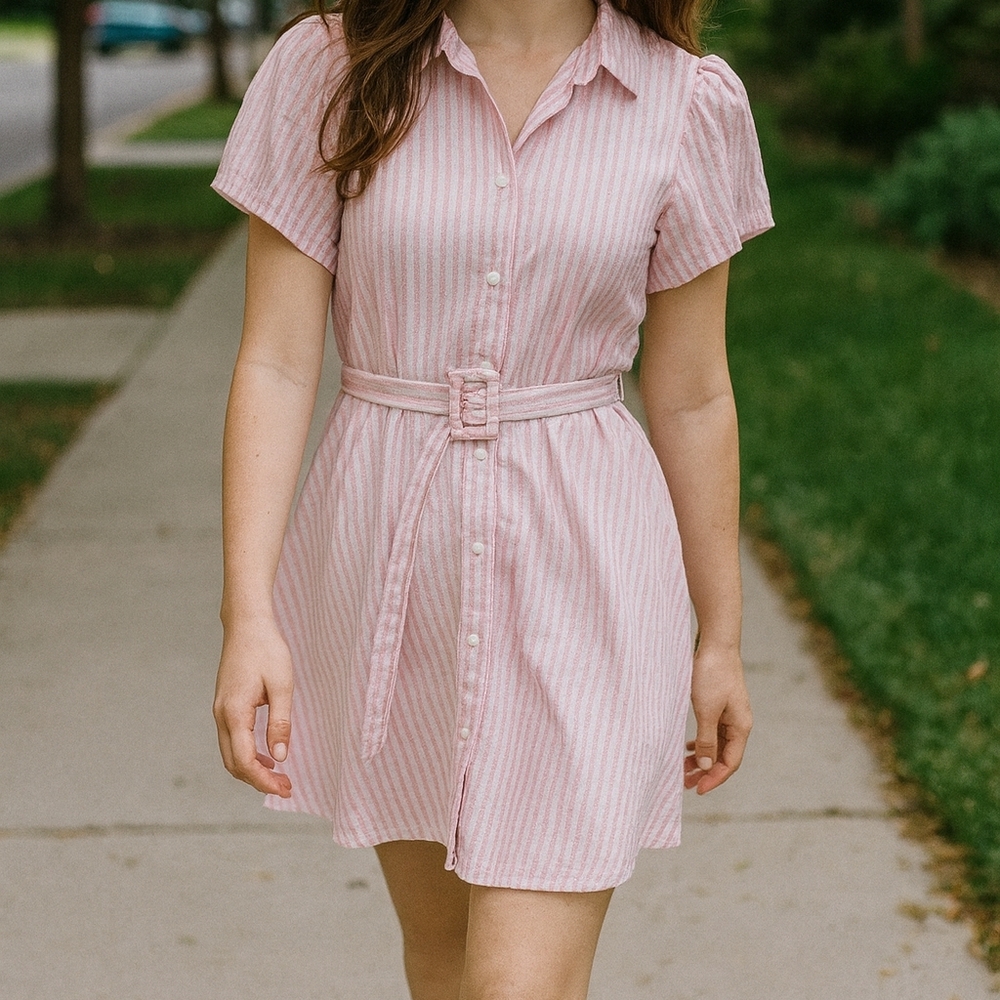 Alexis Target Pastel Pink White Striped Belted Spring Dress 1X